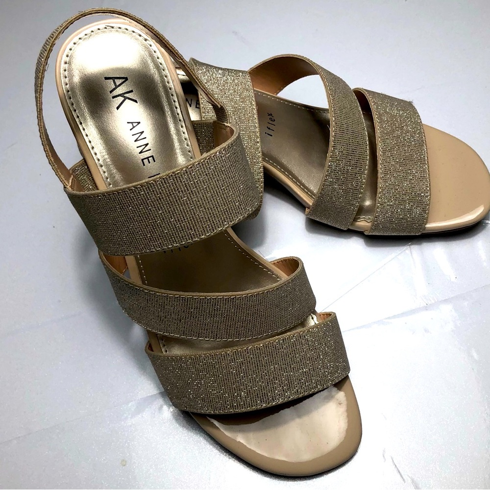 Anne Klein Blessing iFlex Wedge Strappy Sandals Shoes Sparkly Gold Party Heels